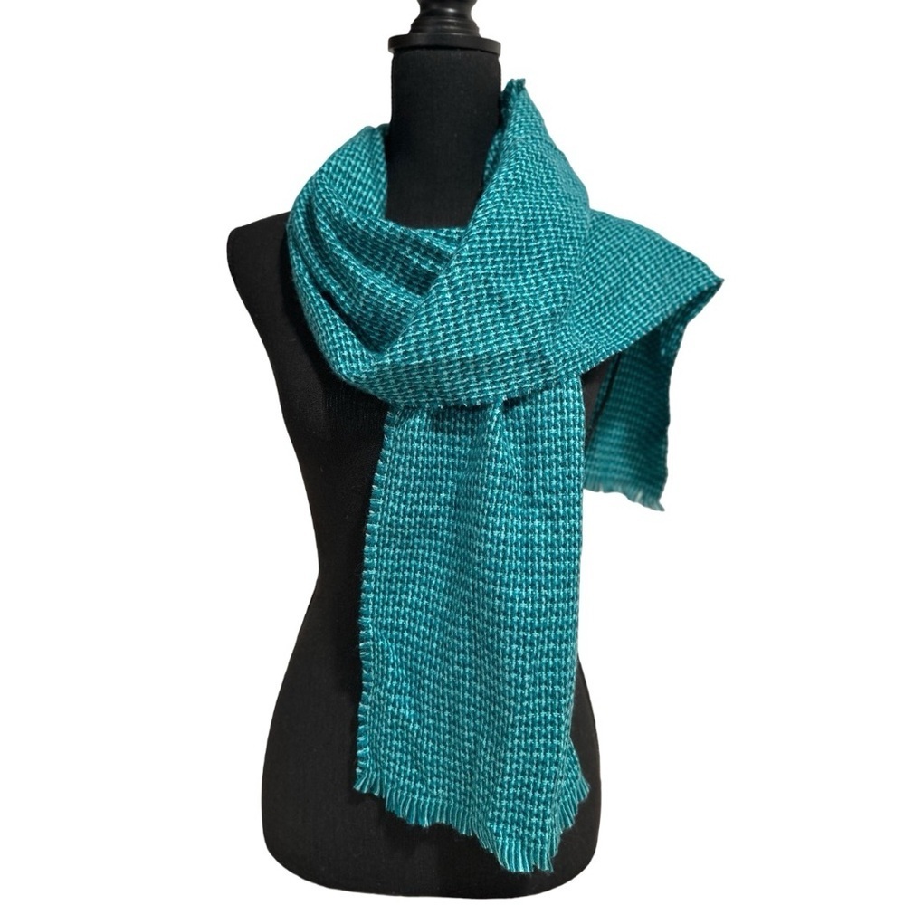 Land’s End NWT Teal Aqua Turquoise Checked Woven Scarf. Soft & Lightweight Blue - Picture 7 of 16